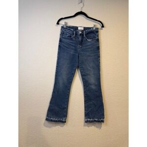 FRAME LeCrop Mini Boot High Rise Cropped Flare Jeans Raw Hem Blue Denim Size 25